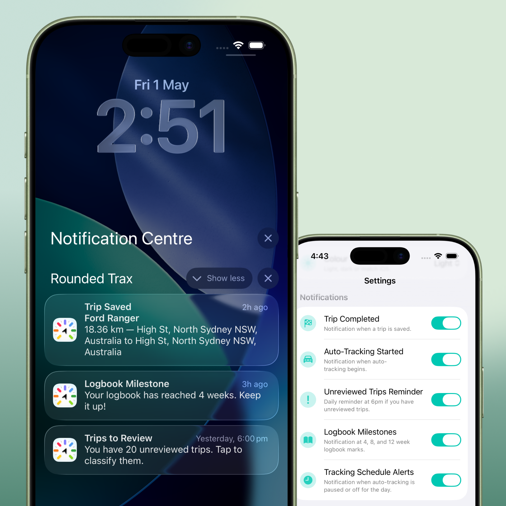 iPhone lock screen showing a Trax trip notification