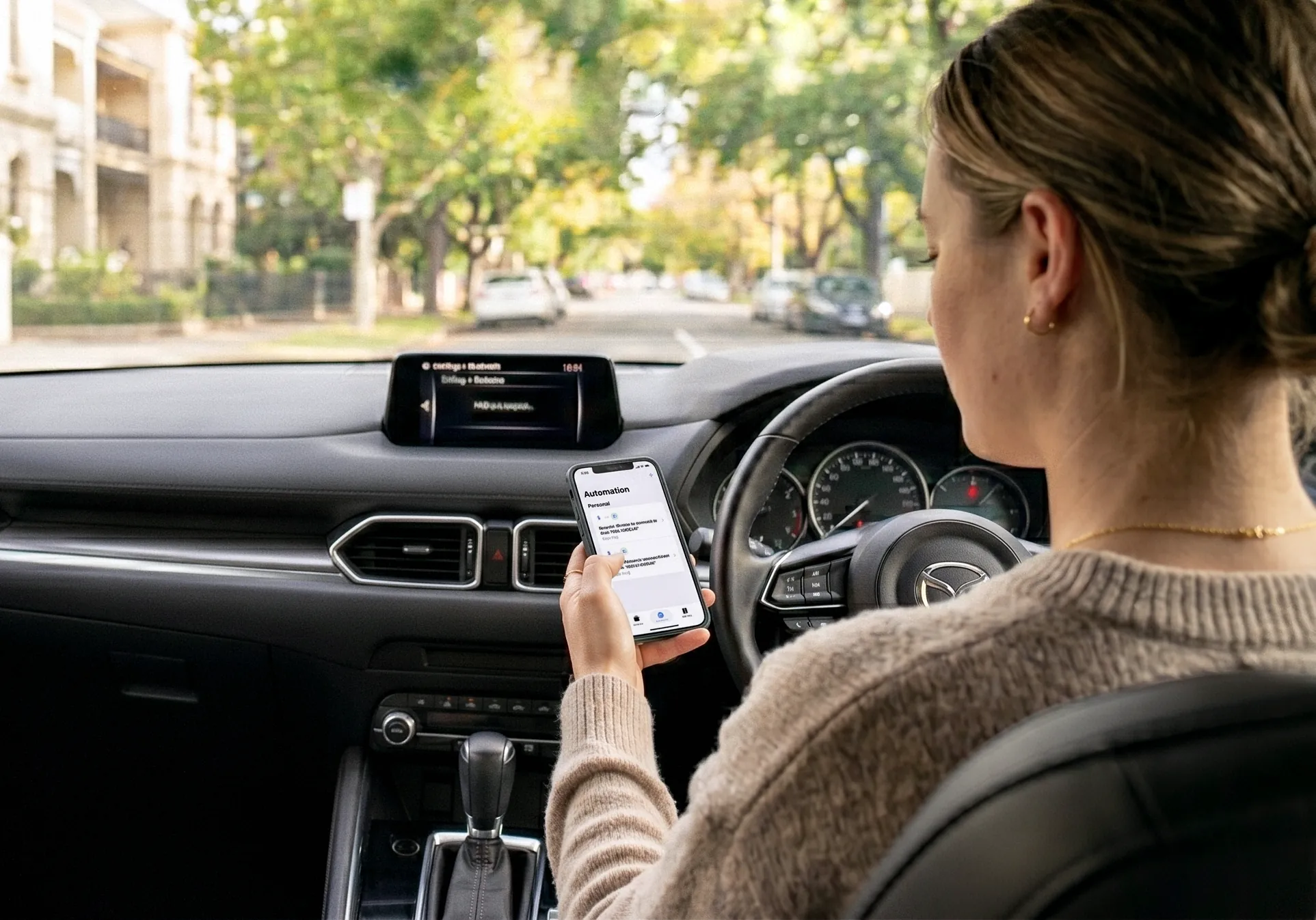 A driver holding their iPhone in front of a car steering wheel